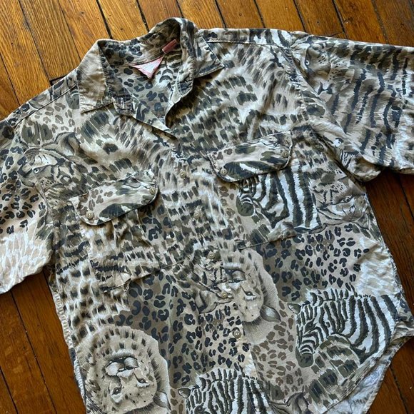 Vintage 80s BizTango Women Cream Brown Black Cheetah Zebra Lion Safari Shirt - Picture 2 of 4
